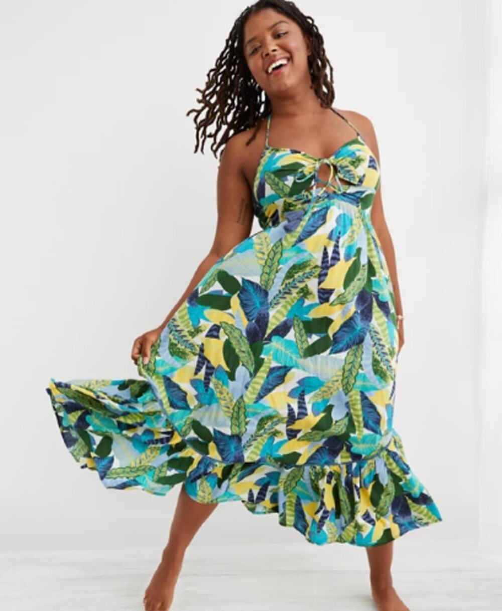 Aerie M Tropical Palm Leaf Halter Smocked Back Maxi Dress Boho Tassel Resortwear